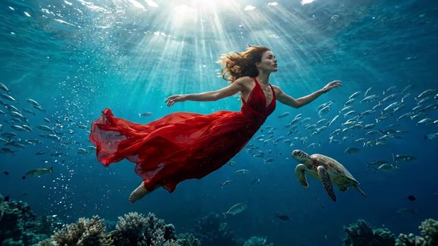 Underwater Fashion Editorial with Red Chiffon Dress