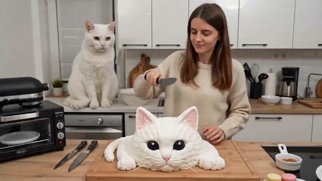 一镜到底的 UGC 视频:女人切蛋糕,猫咪尖叫