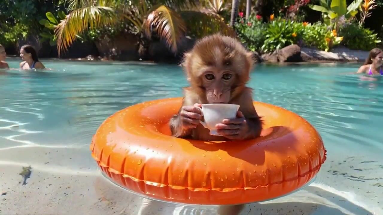 Cute Monkey Relaxing in Pool